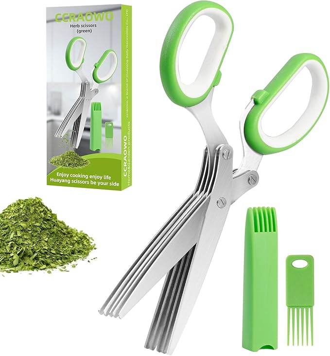 2025 Herb Scissors Set - Classic green 5-Blade Design with Cover and Comb - Skin-Friendly Handle for Comfortable Grip - Dishwasher Safe, Rust-Resistant Stainless Steel for Fresh Herbs - Bloomnest