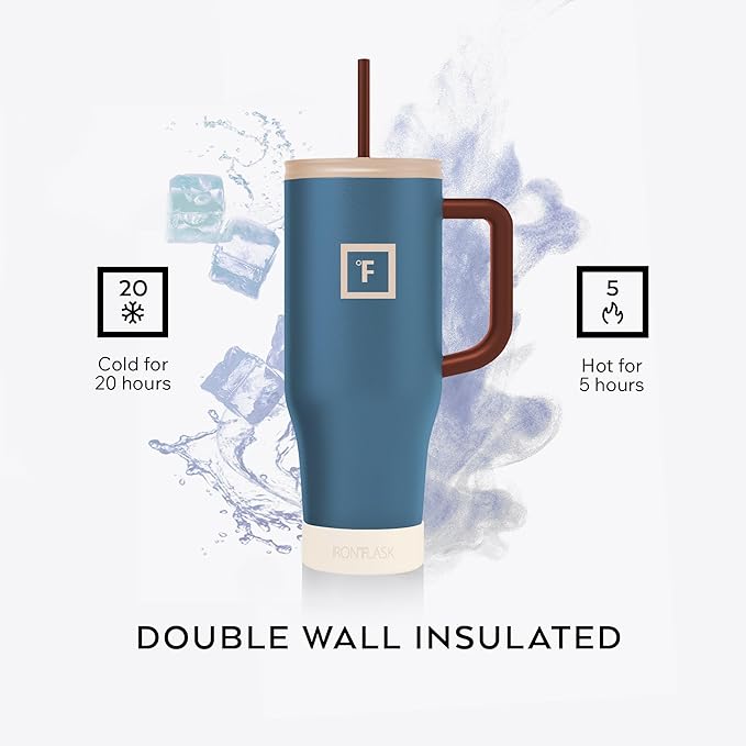 IRON °FLASK Co-Pilot Insulated Mug w/Boot, Straw & Flip Cap Lids - Cup Holder Bottle for Hot, Cold Drink - Leak-Proof - Water, Coffee Portable Travel Mug - Azure Mist, 40 Oz - Bloomnest