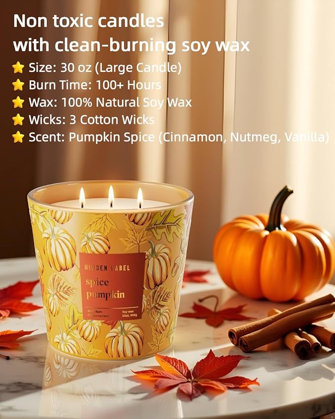 Hidden Label Pumpkin Spice Fall Candles, 3 Wick Large Scented Candle for Home, 30oz Natural Soy Candles for Home Scented,100 Hour Burn Time, Long Lasting Highly Scented Luxury Candle Gift - Bloomnest