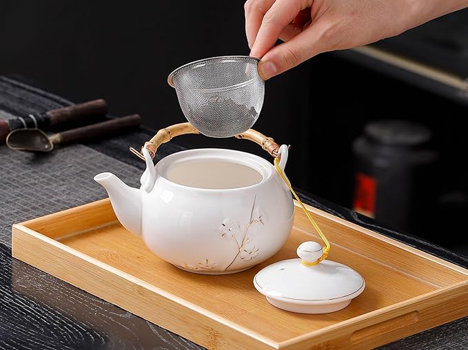 Japanese Tea Set, White Porcelain tea set with 1 Teapot(23 oz/660ml), 6 Tea cups(5.3 oz/150ml), 1 Tea Tray, Golden plum blossom relief, Asian tea sets for adults (Golden plum-White) - Bloomnest