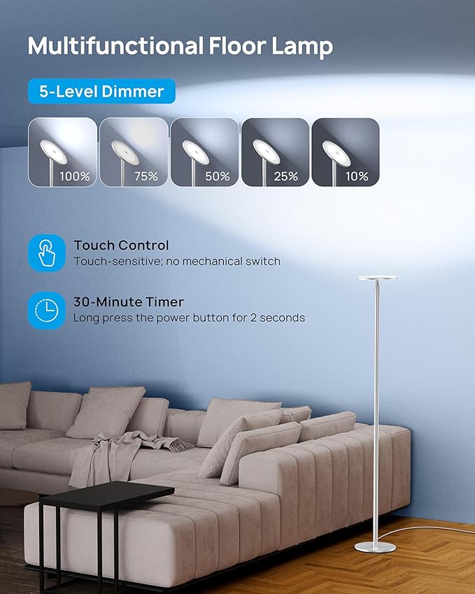 TROND Floor Lamp, LED Torchiere Uplight Lamp, 5 Brightness Aluminum Modern Standing Light, 5500K Natural Daylight, 5000 lm, 71in Tall, 30 Mins Timer, Detachable, for Office Living Room Bedroom, Silver - Bloomnest