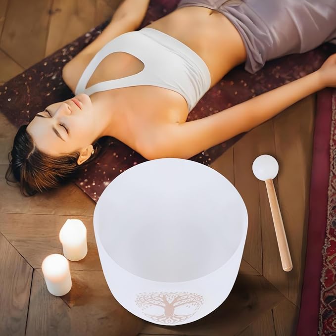 Singing Bowls 432hz C Note 8-Inch Tree of Life Crystal Singing Bowl With A Free Mallet And O-Ring For Sound Healing, Meditation, Yoga, And Sound Baths