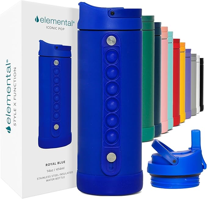 Elemental Iconic Kids Water Bottle for School - 100% Leak-Proof Insulated Water Bottles with Straw Lid & Pop-It Handle for Boys & Girls - Triple-Wall Insulated & BPA-Free, 14oz – Royal Blue - Bloomnest