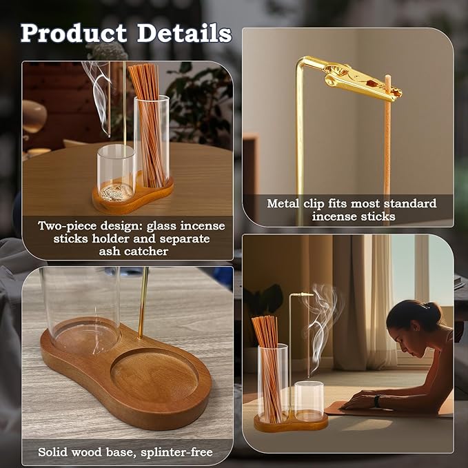 Incense Holder for Sticks, 2 in 1 Incense Burner Holder with Glass Ash Storage and Incense Sticks Organizer, Incense Holder for Meditation Yoga Spa Indoor Outdoor Decor