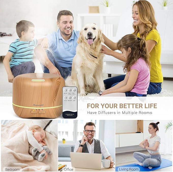 Homeweeks 300ml Essential Oil Diffuser, Quiet Aromatherapy Mist Diffusers for Essential Oils, Wood Grain, Ultrasonic, Remote Control, Timer, 7 Colors Light for Bedroom (300ml Yellow Wood Grain) - Bloomnest
