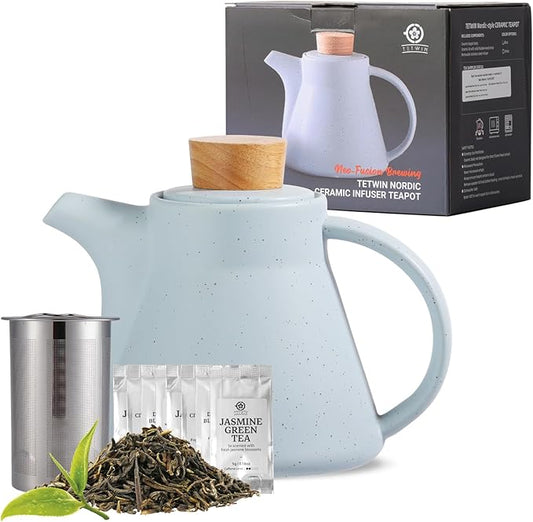 TETWIN Ceramic Teapot with Infuser, 25oz Blue Tea Pot with 8 Loose Leaf Tea Samplers Gift Set – Small Teapot for Full Leave Tea, Elegant Nordic Design, Dishwasher Safe