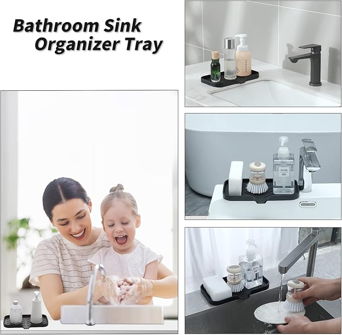 Silicone Bathroom Soap Dishes with Drain Spout-Bathroom and Kitchen Sink Organizer,Sponge Holder,Dish Soap Tray,Perfect for Dispenser,Scrubber,Bottle,Cup on Sink or Counter-Black 9.6"×5.3" - Bloomnest