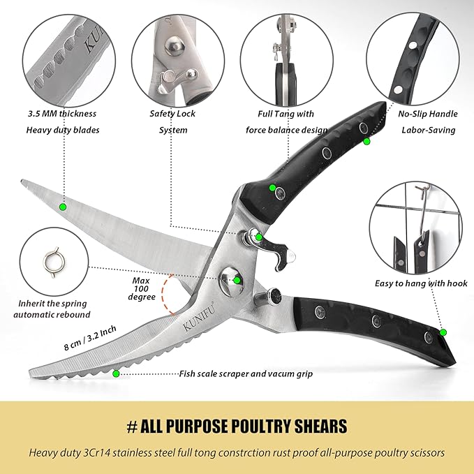 KUNIFU Poultry Shears, All Purpose Heavy Duty Kitchen Scissors For Food Turkey Meat Chicken Herbs, Cooking Scissors Utensils, Kitchen Gadgets Black - Bloomnest