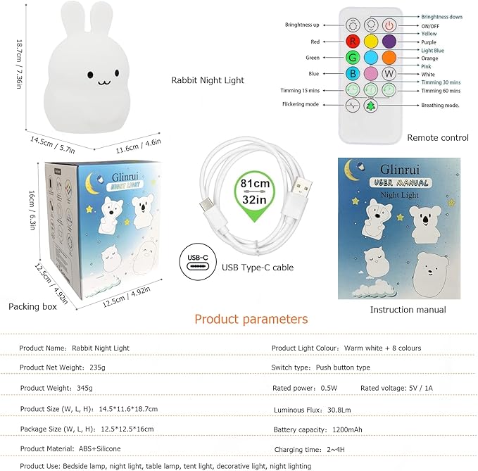 Large Rabbit Night Lights for Kids in Silicone, 9 Colors Baby Bedroom Lighting Children Bedside Table Lamps for Toddlers/Boys/Girls/Adults/Bedroom/Student/Elder/Bathroom/Outdoor - Large - Bloomnest