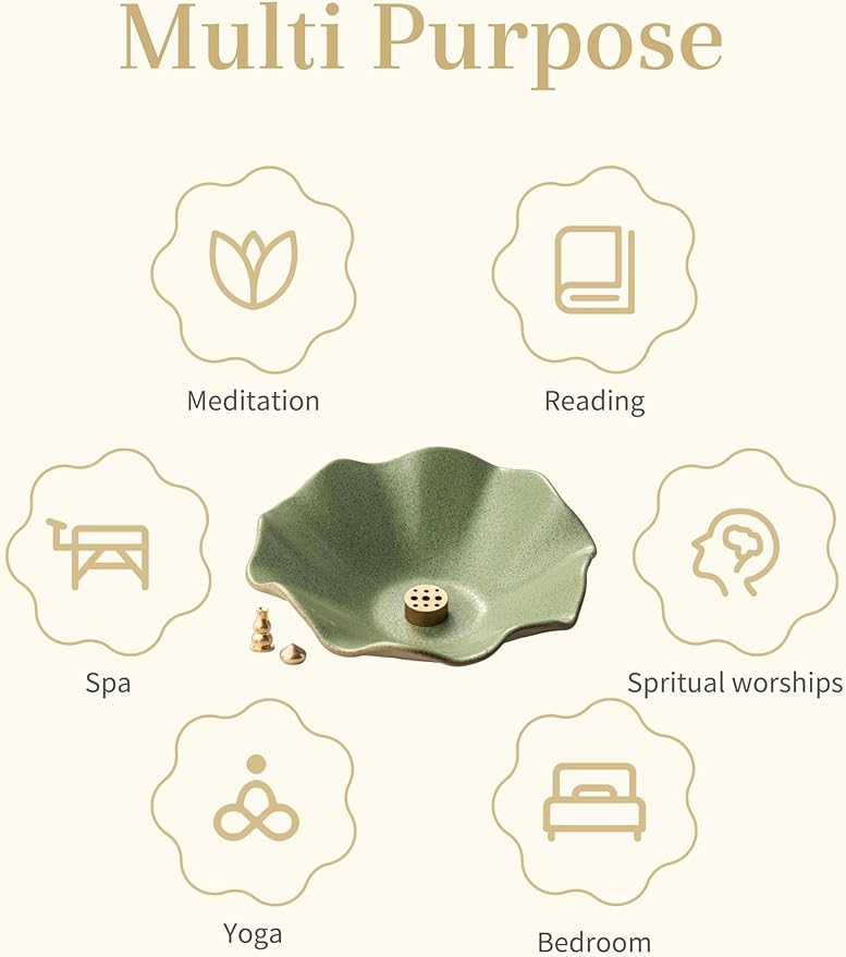 Incense Holder with 3 Incense Sockets 6 Inch Incense Burner 4 in 1 Insence-Stick Holder Lotus-Shaped Bowl Incense Holder for Sticks Modern Incense Cone Burner for Yoga, Green