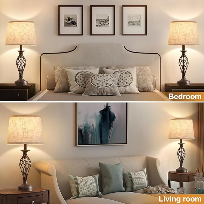 Table Lamp for Bedroom Set of 2 with USB C+A Ports - Modern Brown Bedside Lamps with Spiral Cage Base Fabric Shade - Nightstand Lamp for Living Room Reading Bed Side End Table 2 LED Bulbs Included - Bloomnest