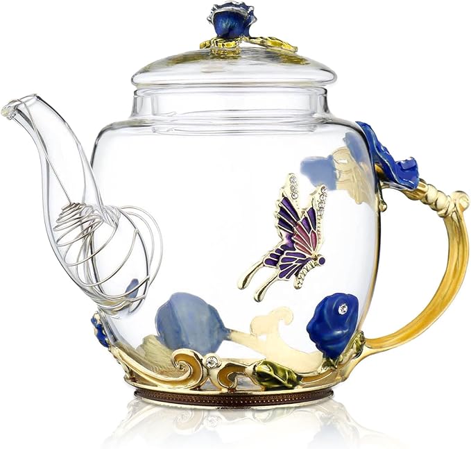 Glass Teapot -300 ml (10 oz) - Blue Rose Flower Butterfly Decoration Heat Resistant Glass Teapot Kettle Loose Leaf Teapot Tea Party Set (Blue) - Bloomnest