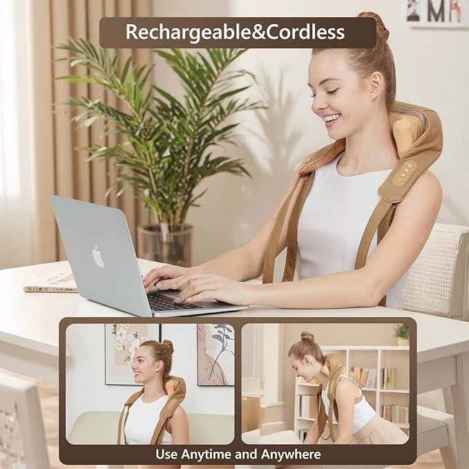 Neck Massager for Pain Relief Deep Tissue with Heat -Cordless Shiatsu 6D Kneading Massage for Neck,Shoulder,Gifts for Mom/Dad（PU-Yellow Brown）