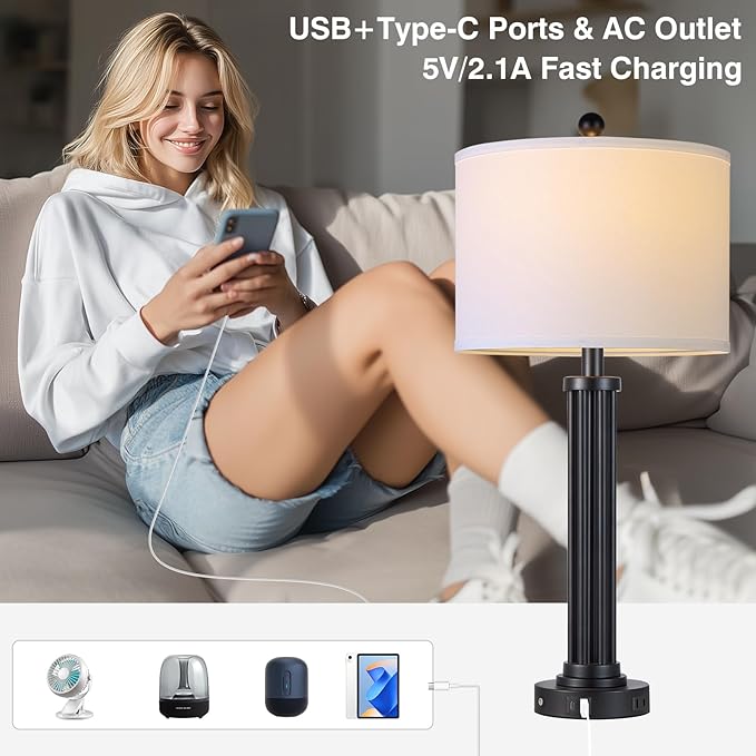 28" Tall Modern Table Lamps Set of 2 with USB C+A Ports and AC Outlet, 3 Way Touch Metal Bedside Lamps for Living Room, Black Nightstand Lamps for Bedroom - Bloomnest