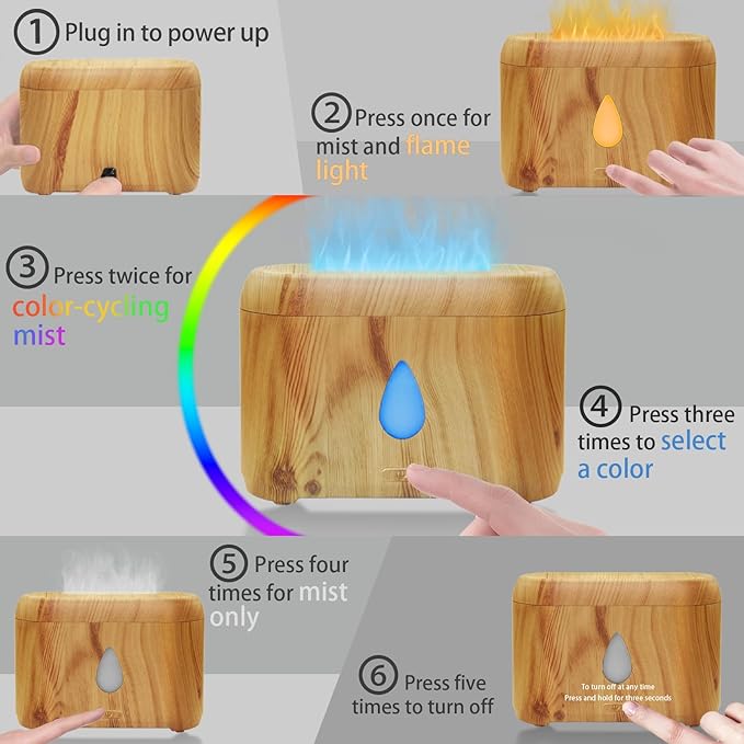 Flame Diffuser for Essential Oils, 200ml Ultrasonic Aroma Diffusers with Cool Mist, Aromatherapy Diffuser with Auto-Off Protection (Wooden Grain(7 Colors), Peppermint+Lavender+Tea Tree+Lemon) - Bloomnest