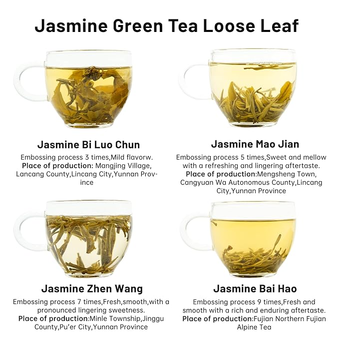 iTeaworld Jasmine Green Tea Loose Leaf Samplers Set, With Different Flowery Aromas, No Sweetener, Sweet After Taste, 4 Different Grades of Jasmine Tea Loose Leaf, 16 Pack/56g - Bloomnest