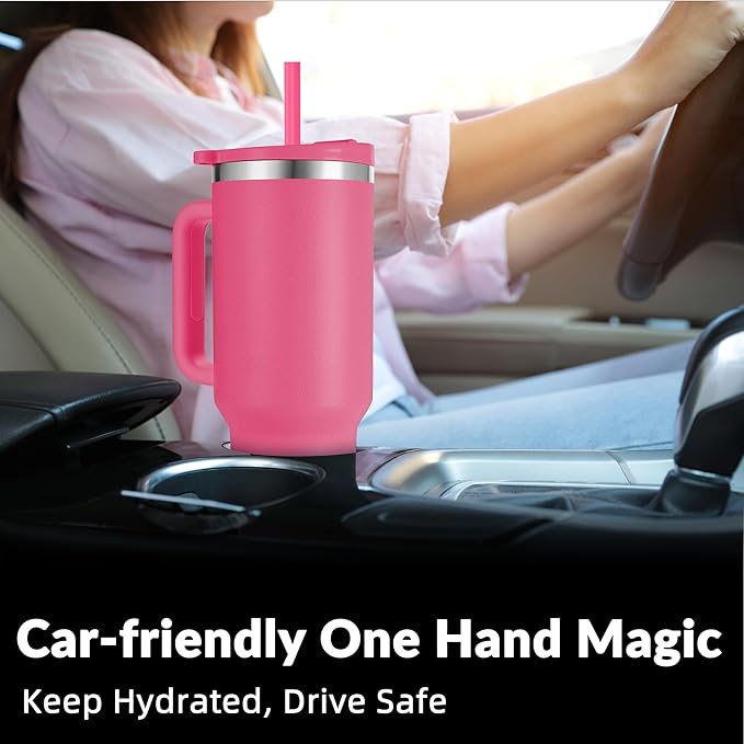 WETOWETO 40oz Tumbler with Handle | Insulated Stainless Steel Travel Mug | 34Hrs Cold & 10Hrs Hot Retention | 100% Leakproof Lid & Straw | Dishwasher Safe + Car Cup Holder Fit (Bright Pink) - Bloomnest