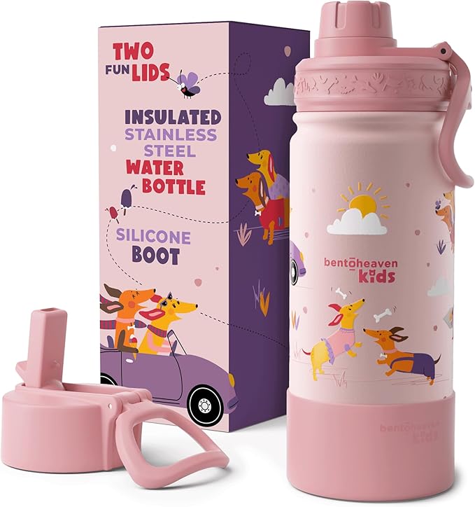 Bentoheaven Kids Water Bottle Stainless Steel for Boys & Girls, 2 Lids (Chug & Straw), Handle & Silicone Boot, Reusable Metal Leak-proof Insulated Tumbler, School & Sports 17oz (Pink) - Bloomnest