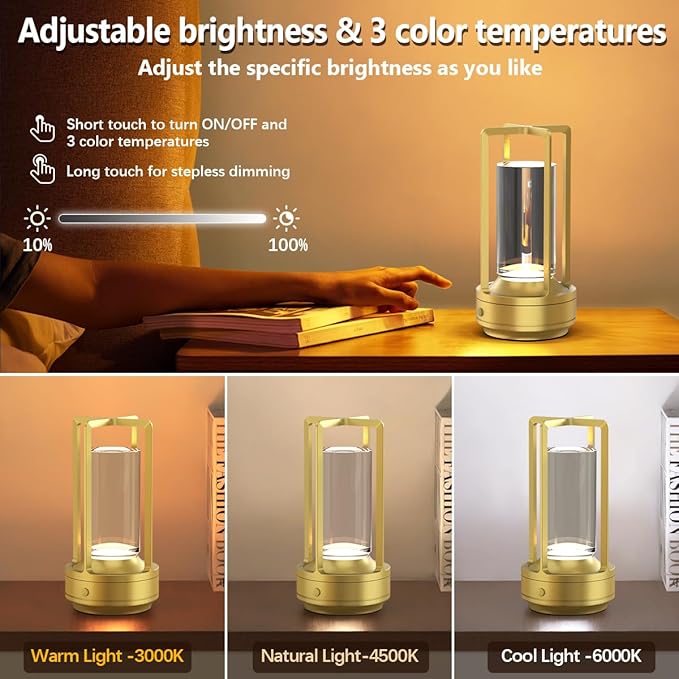 Cordless Portable Table Lamp Rechargeable for Indoor/Outdoor, 3000mAh Small Battery Powered Operated Lights, 3 Color Modes Dimmable Waterproof, LED Desk Lamp for Restaurant/Bedroom/Camping (Gold) - Bloomnest