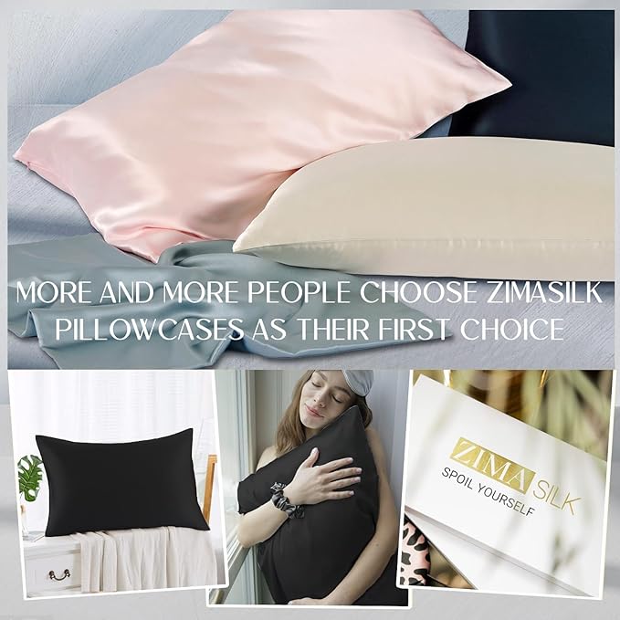 ZIMASILK 100% Pure Mulberry Silk Pillowcase 2 Pack, Soft and Smooth,Both Sides Premium Grade 6A Silk,600 Thread Count,with Hidden Zipper (Queen 20''x30'',Black) - Bloomnest