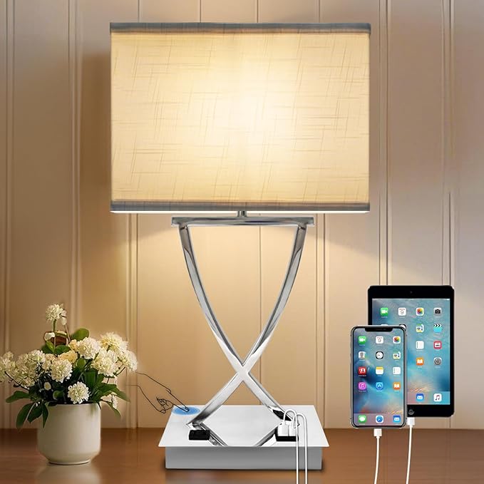 21.38" Table Lamp for Bedroom Living Room 3-Way Dimmable Touch Control Medium Chrome Bedside lamp with USB A+C Ports，Nightstand Lamp with White Linen Shade Bulb Included (White-Chrome) - Bloomnest
