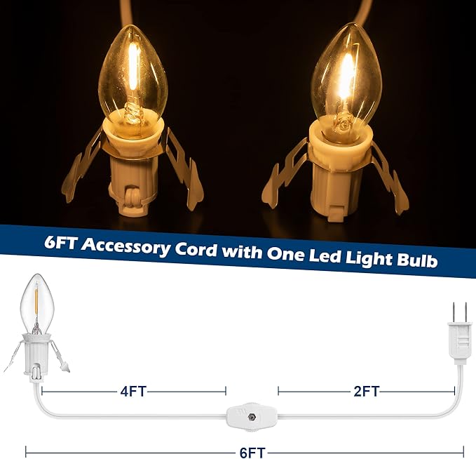 Feekoon 10 Packs 6ft Village Light Cord with 1W C7 LED Bulb, Salt Lamp Cord with ON/Off Switch and 2 Spare Fuses, Blow Mold Light Ideal for Christmas Village House Craft Decorations - Bloomnest