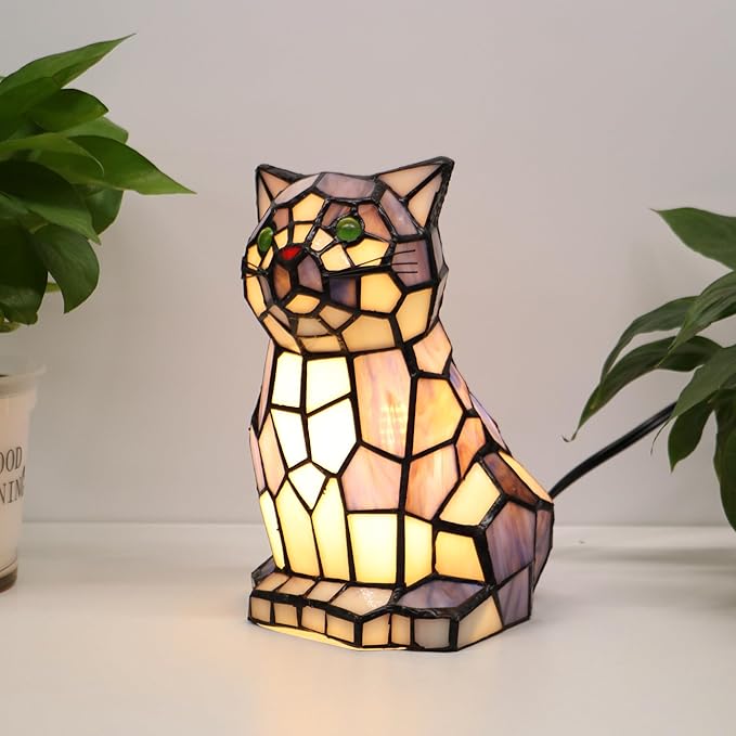 Tiffany Cat Lamp Blue and White Stained Glass Animal Table Lamp Accent Lamp - Bloomnest