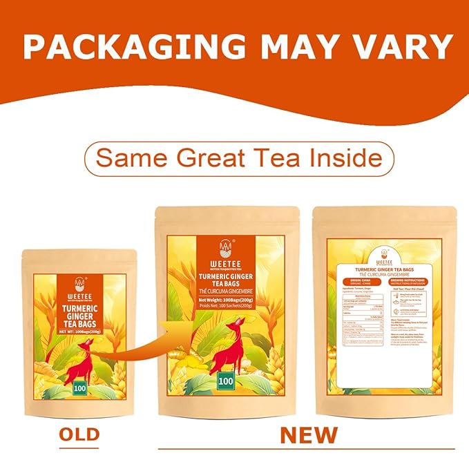 WT WEETEE Turmeric Ginger Tea Bags, 100% Pure Turmeric and Ginger Root Herbal Blend Savory & Spicy, Natural Caffeine-free Spice Tea - Bloomnest