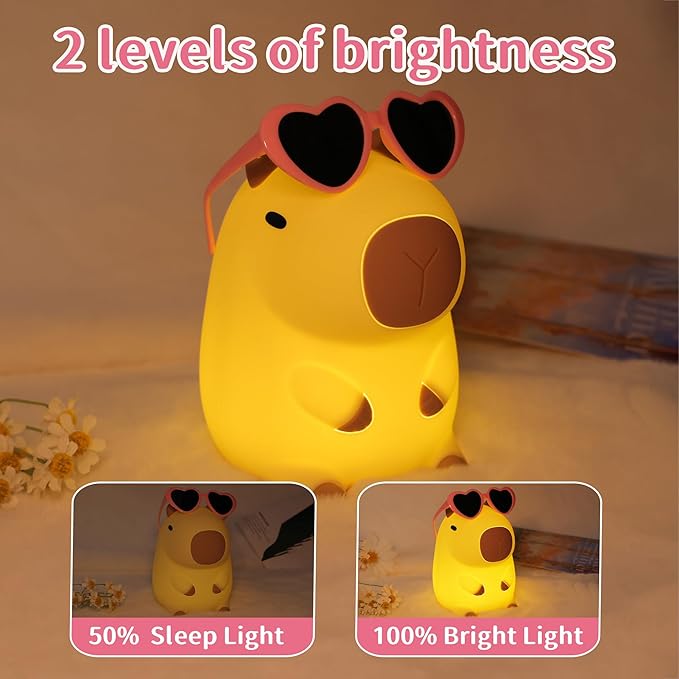 Attivolife Capybara Night Light, Sunglasses Capybara Silicone Lamp for Girls, Touch Nightlight Portable with Dim, Funny Bathroom Table Decor Birthday Xmas Gift for Women Friends（Pink Glasses） - Bloomnest