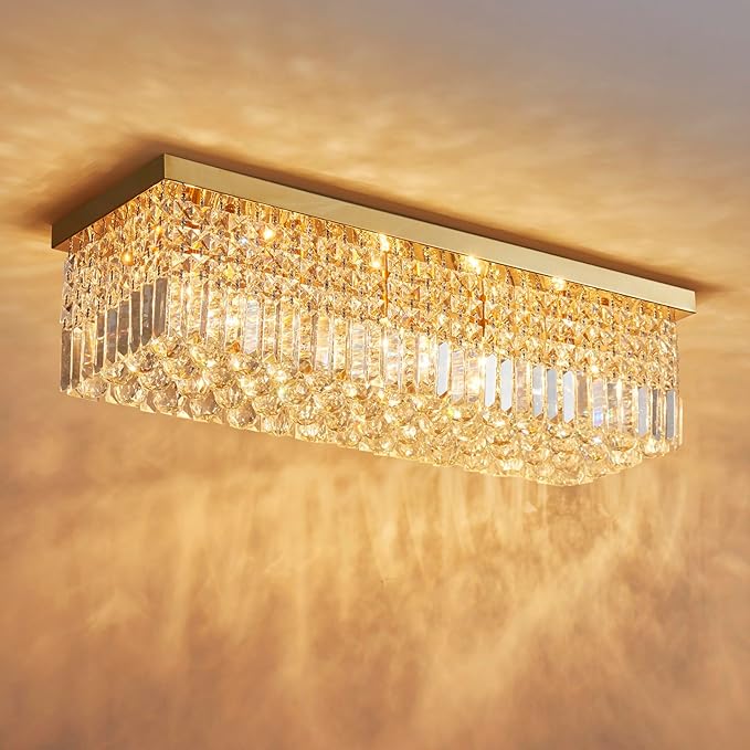 Saint Mossi 5-Lights Modern K9 Crystal Chandelier Light Fixture, Flush Mount Chandelier for Dinning Room, H9 x W10 x L31, Clear Crystal & Gold Finish - Bloomnest