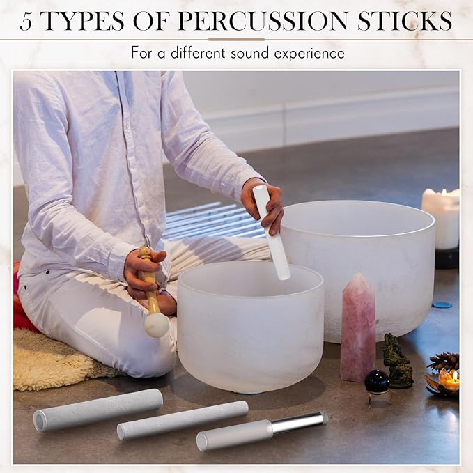 Nuanchu 5 Pcs Crystal Singing Bowl Mallet Set Includes Sheepskin Solid and Hollow Sound Sticks Singing Bowl Rubber Mallet with Wood Handle Clear Acrylic Striker for Playing(Silver) - Bloomnest