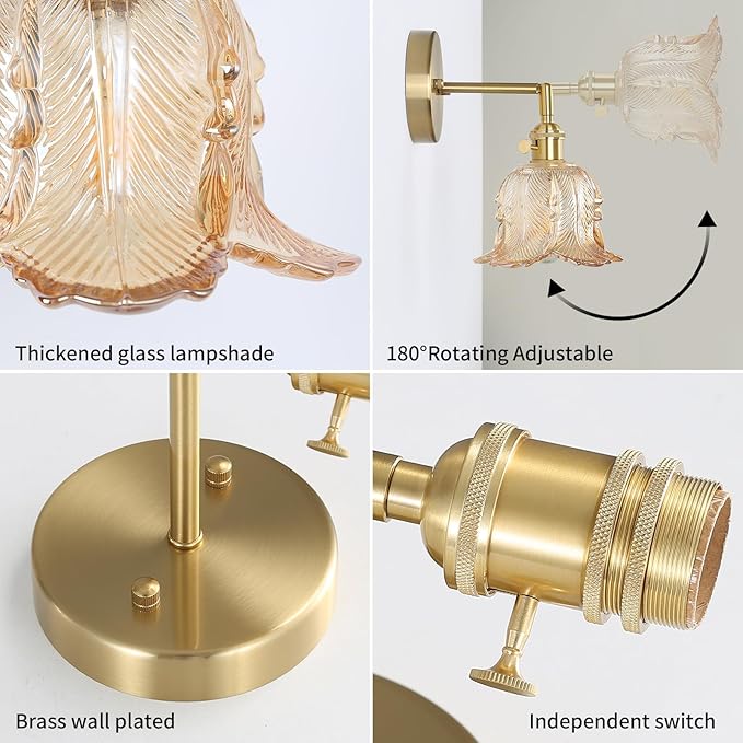 Vintage Wall Sconces Set of 2, Lily Amber Lampshade & 180 Degree Adjustable, Brass Wall Lights, for Bedroom Living Room Hallway Aisle, Bulbs Not Included, ETL Listed - Bloomnest