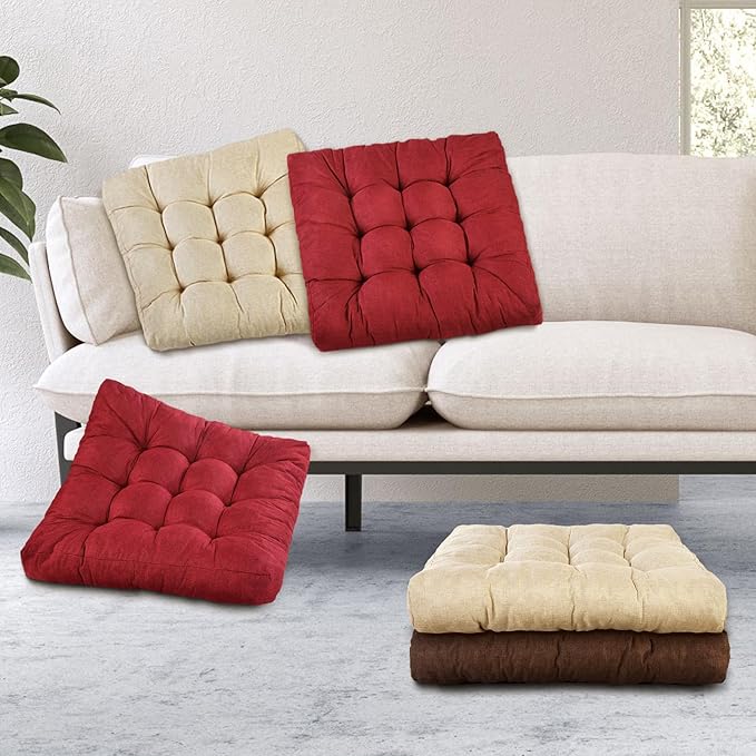 Meditation Floor Cushions, Thickened Floor Pillow for Adults, Large Square Pillows Seat Cushion for Tatami Living Room Yoga, Memory Sponge Block Added, 22x22 Inch, Wine Red