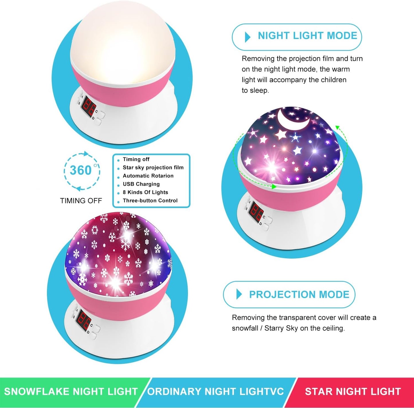 Snowflake Projector Night Light Indoor, Snowflake Nightlight with Timer, Star Lights Projector for Ceiling Kids Room Decor Gifts for 3-8 Year Old Girls Christmas Birthday Gift for Toddler