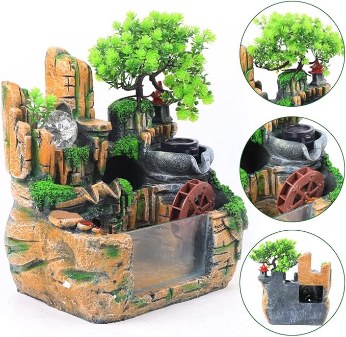11.8" Tabletop Water Fountain, Indoor Rockery with LED Mist & Fish Tank, Mini Pond Aquarium, Desktop Waterfall for Home Office Desk, Zen Decor - Bloomnest