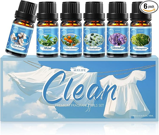 Clean Essential Oils Set for Diffuser & Candle Making | 6 Pack Premium Aromatherapy Oils Gift Set - Lavender, Eucalyptus, Mint, Sweet Orange, Lemongrass, Clean Cotton for Home, Relaxation & DIY - Bloomnest