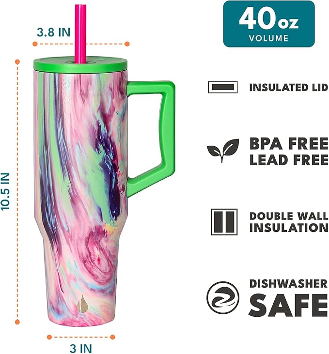 Elemental 40 oz Tumbler with Handle and Straw - Spill Proof Insulated Stainless Steel Commuter for Hot and Cold Beverages - Travel Coffee Mug with 2 Straws & Spill Proof Lid - 40oz - Aurora Dream - Bloomnest