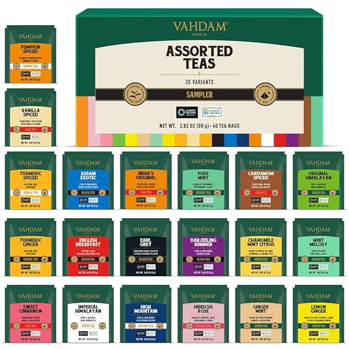VAHDAM, Assorted Tea Sampler (20 Delicious Variety, 40 Individually Wrapped Pyramid Teabags) Long Leaf Premium Teas I Tea Gift Set I Gift Ideas for Lovers | Gifts for Him/Her - Bloomnest