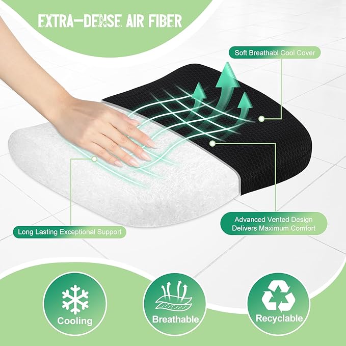 Air Fiber Office Chair Cushion - Ergonomic Seat Cushion for Orthopedic Coccyx, Relief Hip & Back Support - Doctor Recommended Cushion for Long Sitting Worker Driver & Handicapped (Black) - Bloomnest