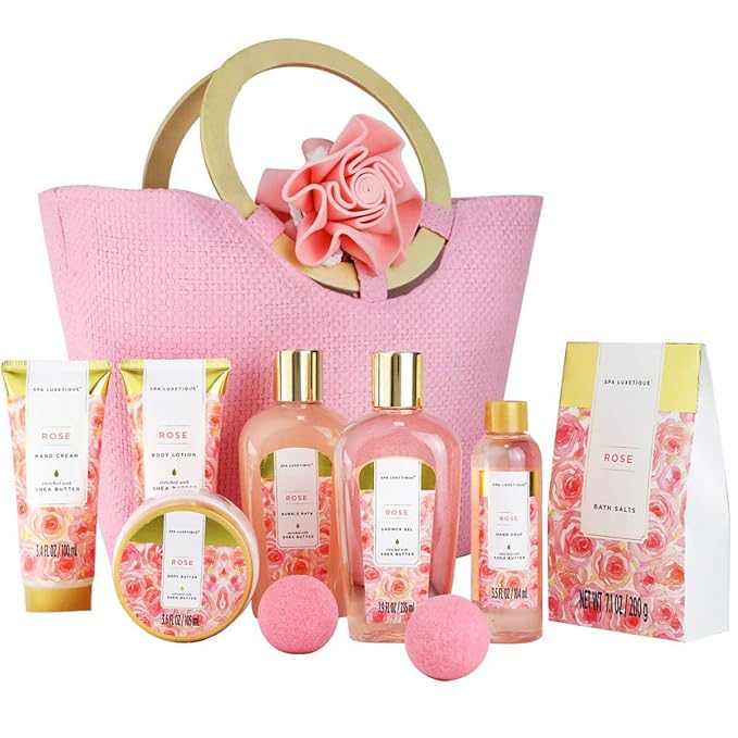 Spa Luxetique Spa Gift Set, Bath Gift Set for Women, 10 Pcs Rose Bath Set, Pink Tote Gift Bag with Shower Gel, Bubble Bath, Body Lotion, Hand Cream, Christmas Beauty Gifts for Women - Bloomnest