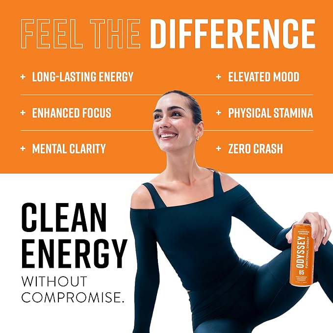Odyssey Functional Energy Drink for Focus, Cognition & Mood Support 12 Pack - Adaptogenic Drink with 85mg Green Tea Caffeine, Lion’s Mane, Cordyceps, L-Theanine & Ginseng, Sparkling Orange - Bloomnest