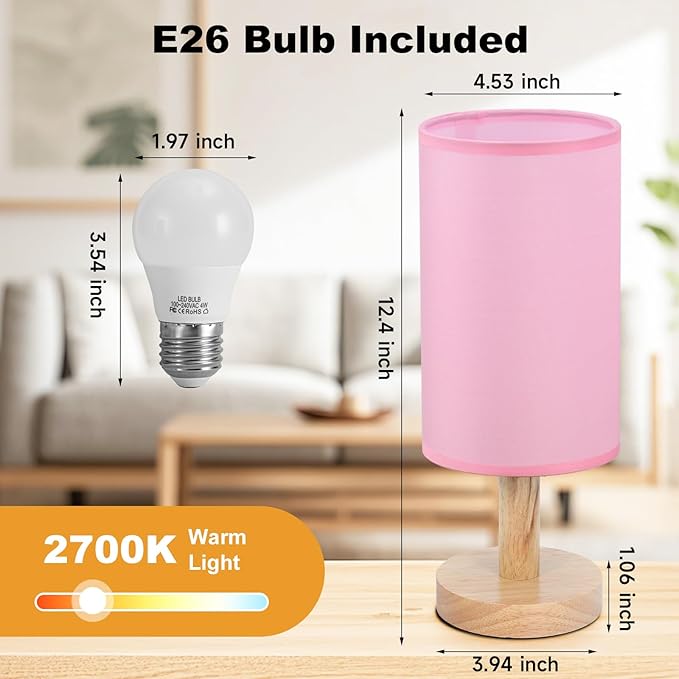 Pink Small Bedside Table Lamp for Bedroom,Natural Round Wood Base&Fabric Linen Shade,Cozy Night Table Light for Study Reading,Minimalist Boho Desk Lamp for Nightstand,Living Room,Nursery,Kitchen,Dorm - Bloomnest