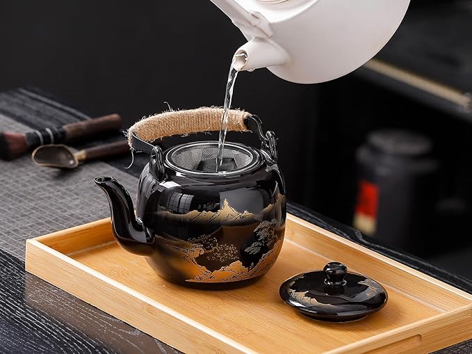 Traditional Japanese tea set, Japanese teapot set, Asian Black glazed tea set with 1 Teapot, 6 Tea cups, 1 Tea strainer, 1 Tea tray (Landscape Black) - Bloomnest