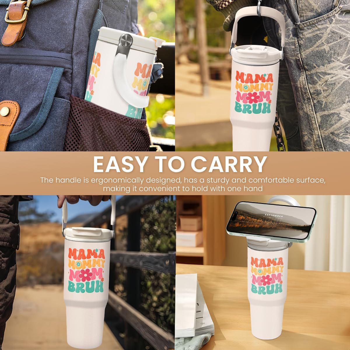 SANDJEST Funny Mom Tumbler 30oz, Mama Bruh Stainless Steel Insulated Coffee Travel Mug with Handle & Flip Straw Lid, Mom Gifts for Christmas Birthday Mothers Day Valentines