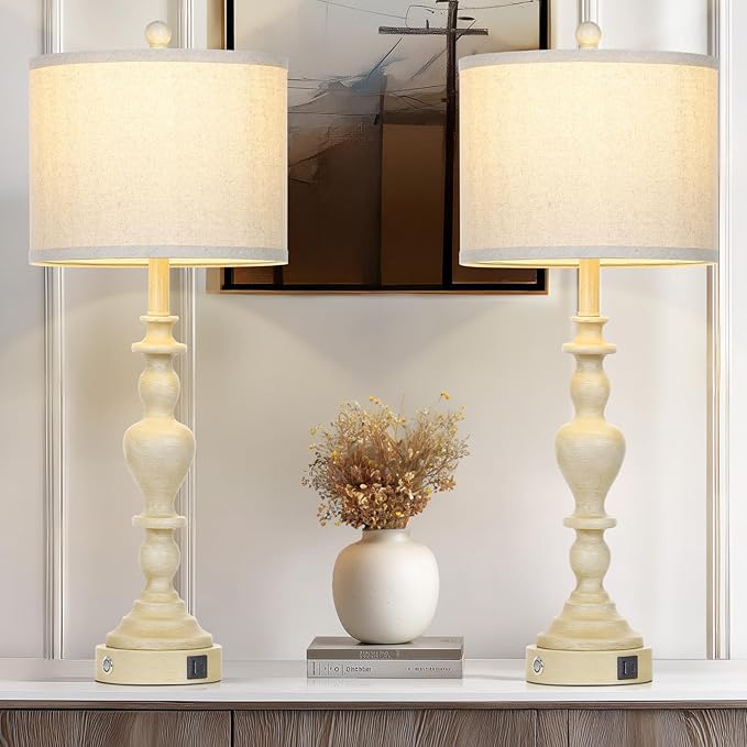 27" Vintage Farmhouse Table Lamps for Living Room Set of 2, Rustic Nightstand Lamps with USB C+A Ports, 3-Way Dimmable Retro Bedside Lamps for Bedroom Office 2 LED Bulbs Included Washed Antique Beige - Bloomnest