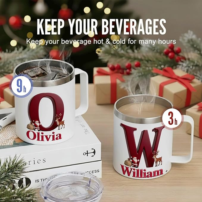Personalized Christmas Insulated Coffee Mug with Handle – Custom Initial Letter [W] & Name [William] – [Your Brand Name] Double Wall Stainless Steel Travel Tumbler for Hot & Cold Drinks (B110) - Bloomnest