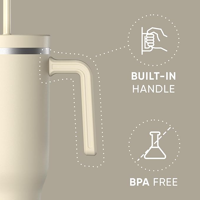 Hydrapeak Voyager 40 Oz Stainless Steel Tumbler with Handle, Insulated Water Bottle With Straw & Lid, Cupholder Friendly Reusable Travel Mug (Modern Cream) - Bloomnest