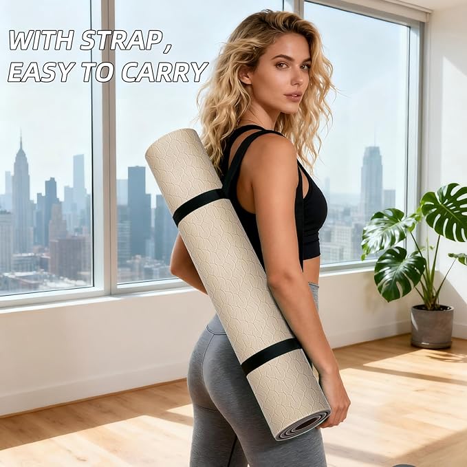 ILILI Yoga Mat 10mm Extra Thick and 193cm Extra Long, 76x28×0.4 Inch, Double Color Non-Slip TPE Material, Easy Carrying with Strap, Ideal for Yoga, Pilates, Floor Exercise, Home and Outdoor Use, Eco Friendly - Bloomnest