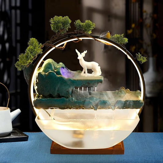 Large Modern Desktop Fountain with Atomizer & Fish Tank, Indoor Waterfall for Living Room, Office, Bedroom Decoration, Relaxing Table Top Fountain with LED Light - Bloomnest
