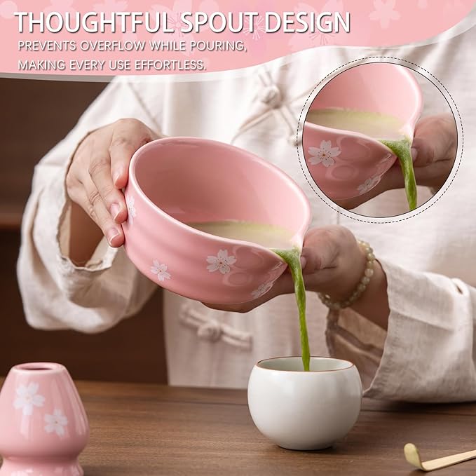 Matcha Whisk Set, Matcha Bowl with Spout, Matcha Whisk and Holder, Bamboo Matcha Scoop and Stainless Sifter，Ceramic Matcha Bowl Set (Pink) - Bloomnest
